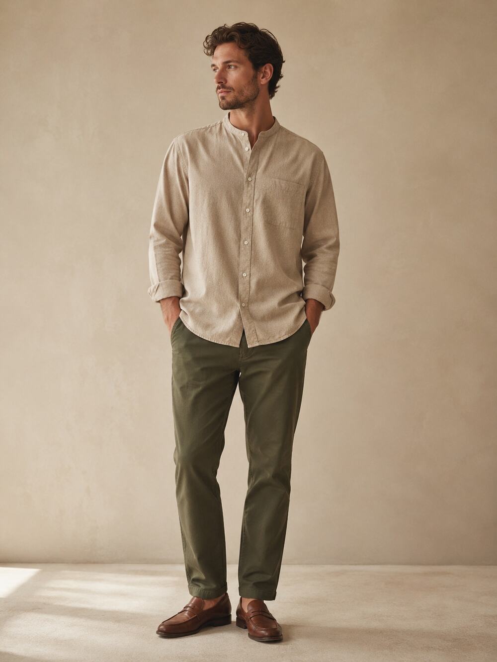 H&M Grandad Collar 100% Cotton Shirt Large Beige Minimalist